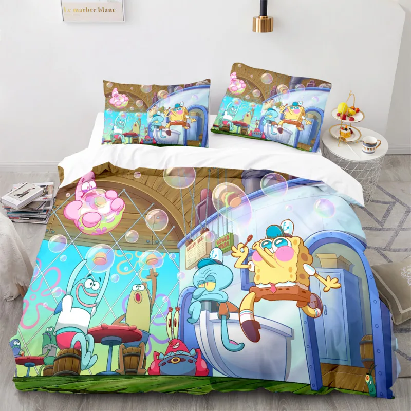 Imagem -03 - Desenhos Animados Anime Bob Esponja Conjunto de Cama 3d Impresso Beddings Quilt Squidwards Capa de Edredão Fronha Queen Full e Cama King Size