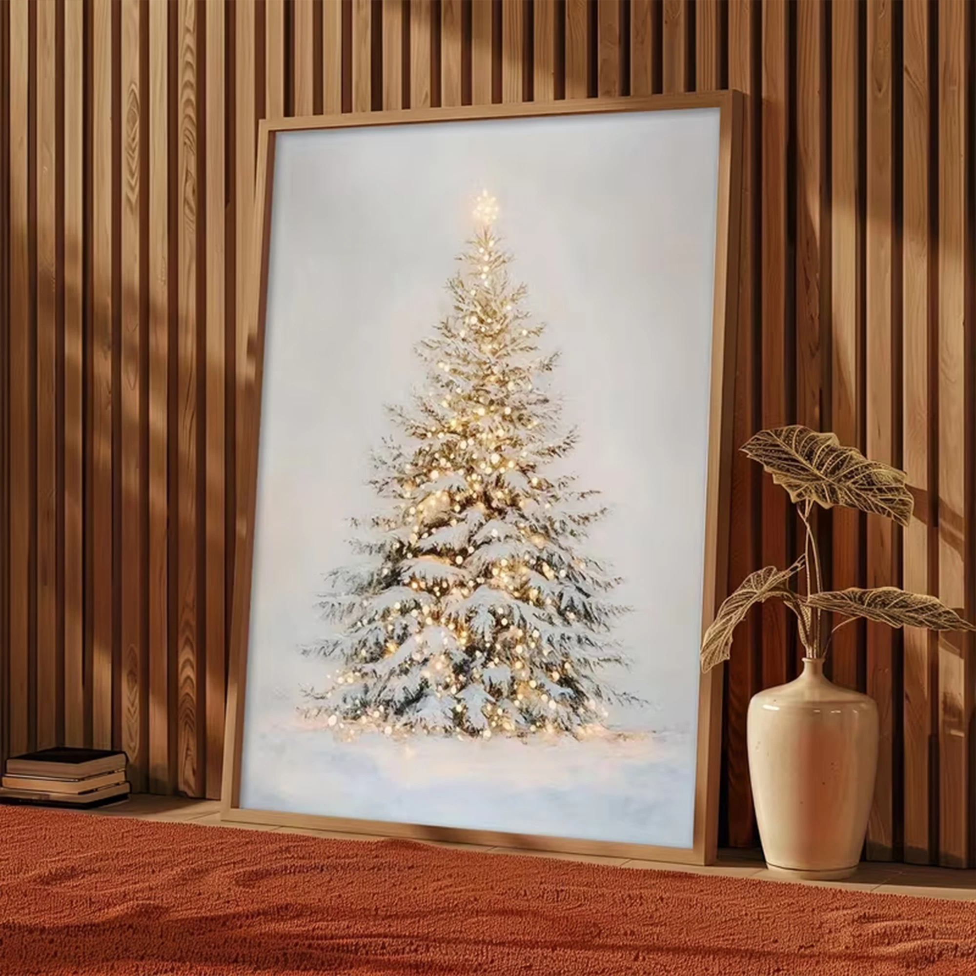 Tableau mural sur toile représentant un sapin de Noël rétro dans une nuit enneigée, avec des étoiles scintillantes, idéal pour décorer le salon ou la maison.
