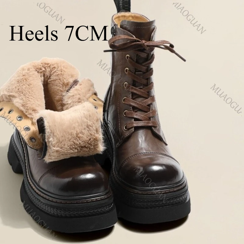 Size 35-40 Women's Thick Sole Mid-Calf Leather Lace Up Autumn Winetr Warm Women's Shoes Botas Mujer 2026 Trend Boots for Woman
