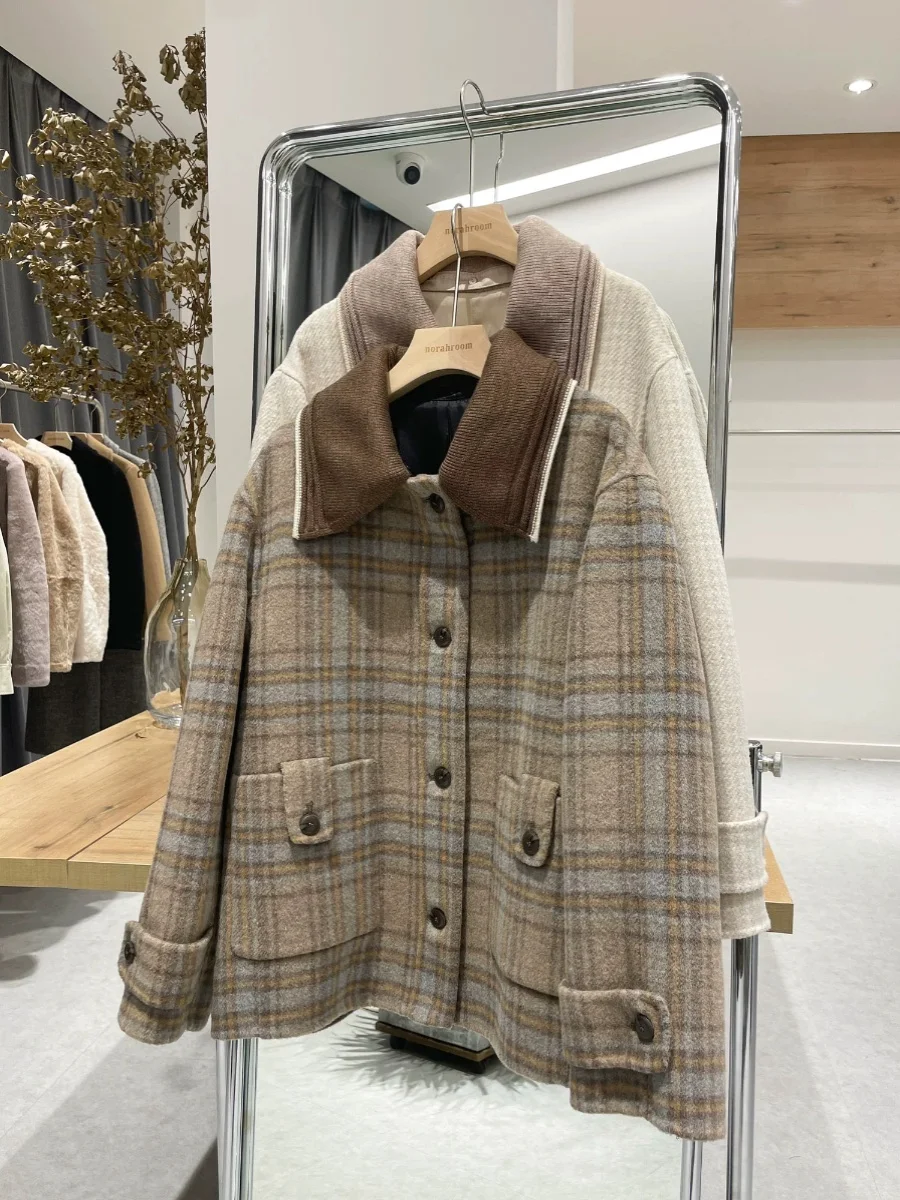 

Nok Xiaola Аутентичное зимнее вязаное пальто с воротником, двухцветное пальто из чистой шерсти прямого кроя, корейское женское шерстяное пальто