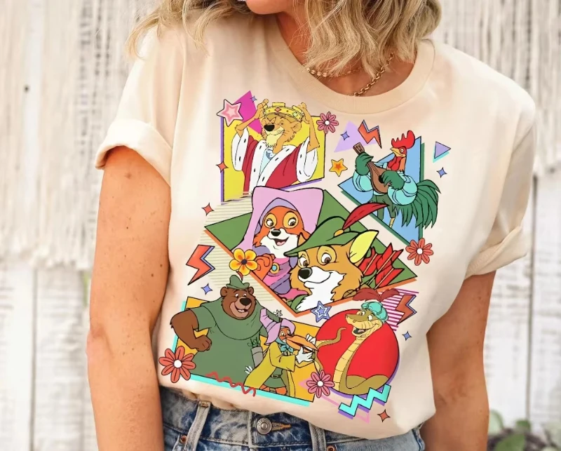 Camiseta Retro de personajes de Robin Hood de Disney, camiseta de Disney Sir Hiss Marian John, camiseta Magic Kingdom, camiseta de algodón de gran tamaño para hombres y mujeres