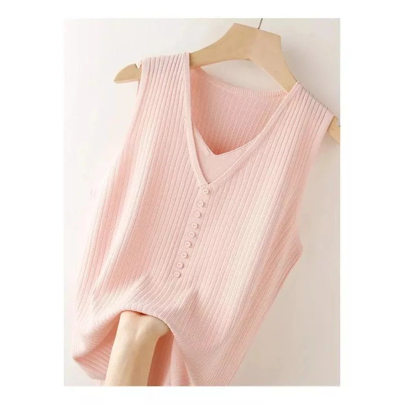 

Ice Silk Knitted Camisole Women's Spliced pullover V-neck Loose Slimming Knitted Bottoming Sleeveless Top