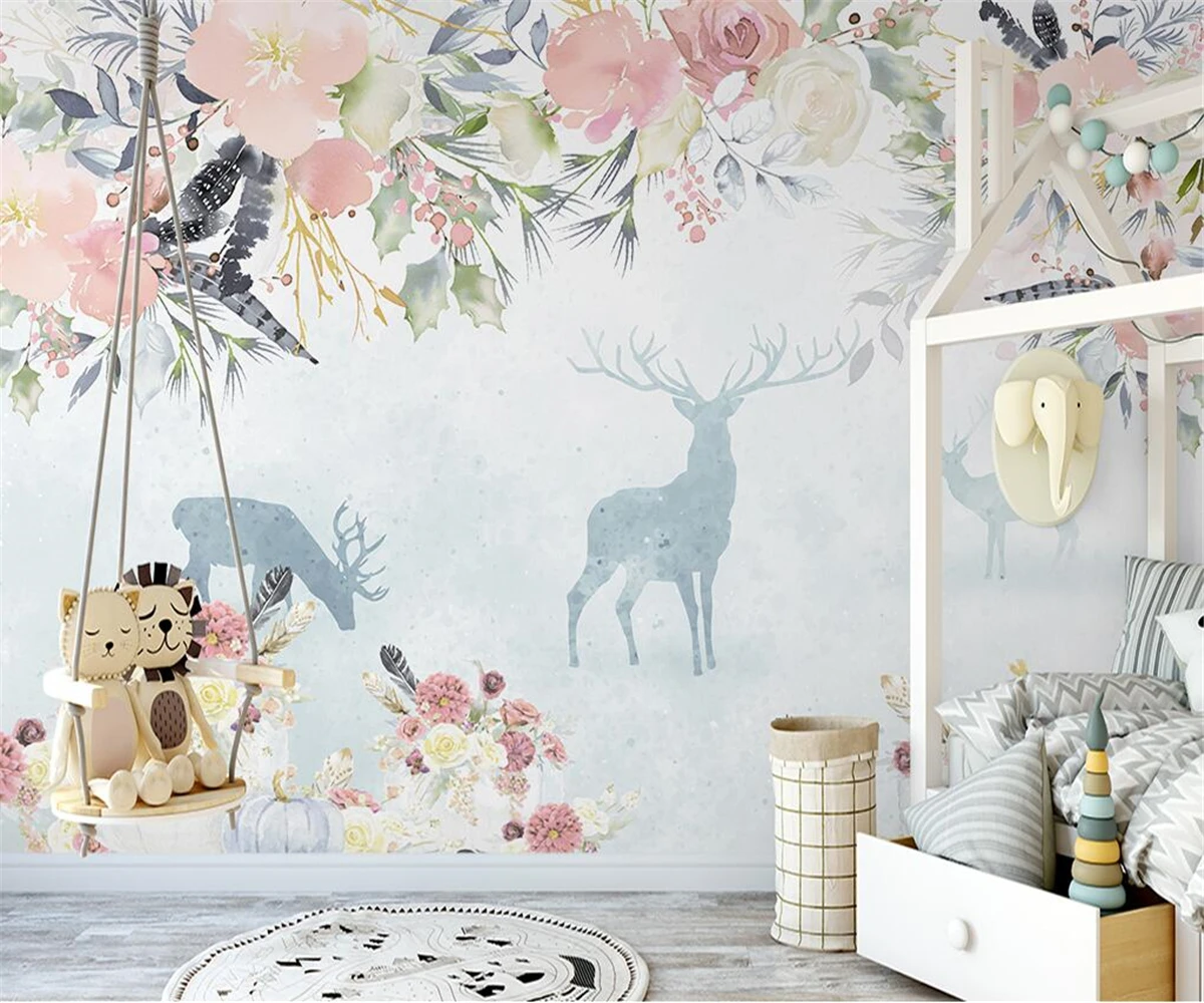 Custom cartoon animal 3D wallpaper hand-painted Nordic Watercolor plant flower elk study bedroom TV background wall wallpaper