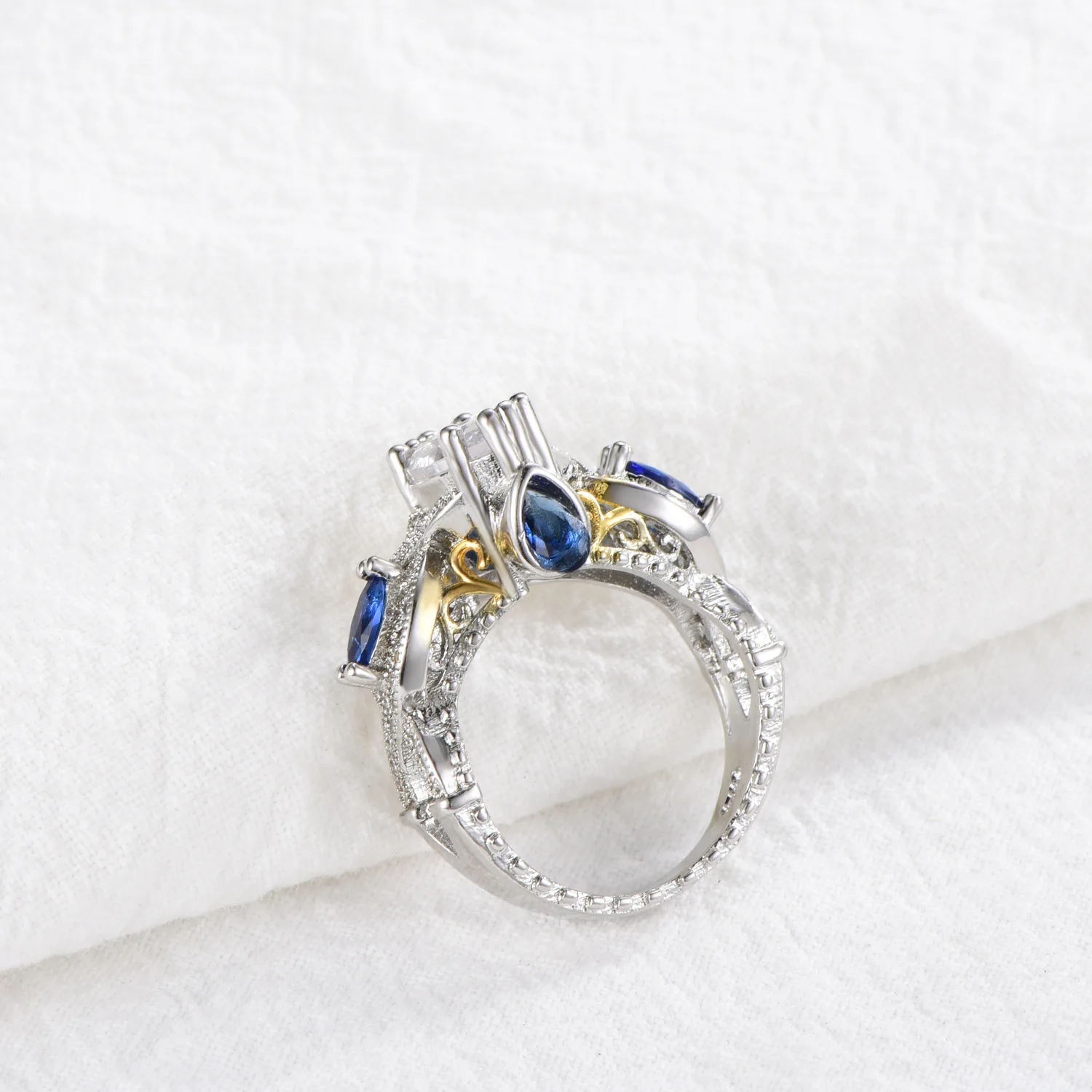 Hot Sale 925 Sterling Silver Ring Inlaid Blue Zircon 18K Gold Two Tone Color Separation Ring For Women Fashion Jewelry Gift