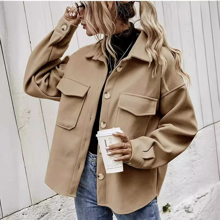 European American Women's Clothing 2025 Spring Lapel Single-breasted Thickened Solid-color Woolen Loose Coat