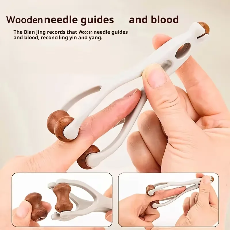 1/2-Piece Solid Wood Finger Massager Roller, Featuring 360° Roller Clip‑on Design for Hand Meridian Relief