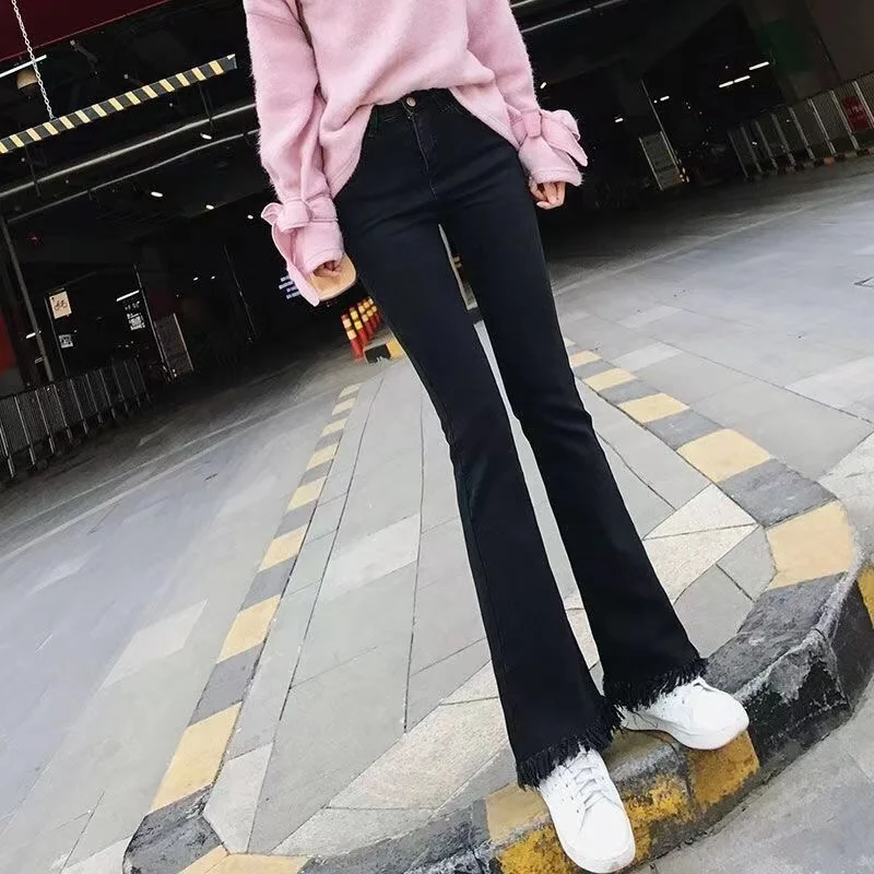 

High Waist Cotton Stretch Denim Micro Flared Jeans Women's Slim Fit High Lengthen Irregular Hem Tight Black Pants Spring Autumn