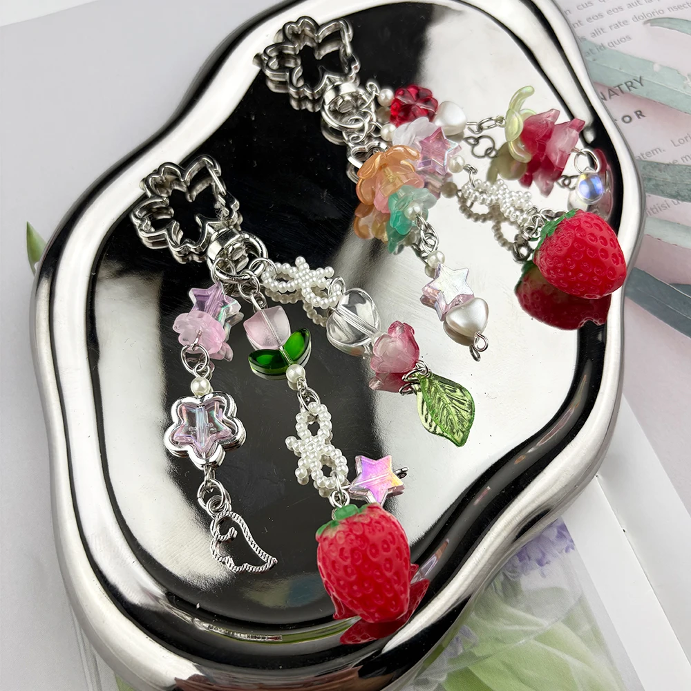 2pcs/set Red Strawberry Bow Keychain Y2K Coquettish Fairytale Lily of the Valley Handbag Pendant Key Ring Accessories Girls Gift