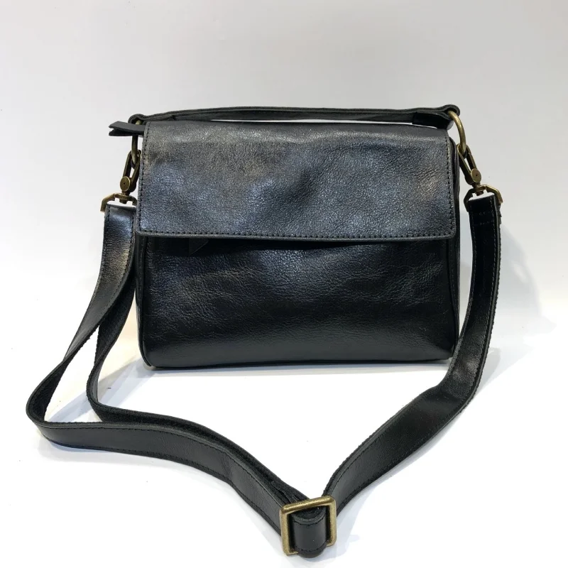 Women's Genuine Vegetable Tanned Leather Flap Crossbody Bag Retro Soft Leather Large Capacity Shoulder Bag Vintage Messenger Bag