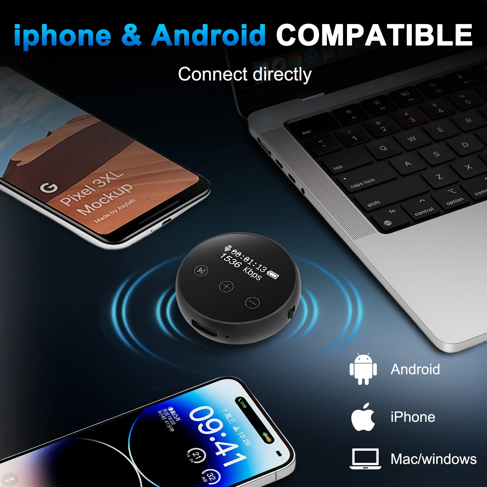 جهاز استماع مسجل الصوت الصغير 3072 Kbps مع مسجل صوتي ثلاثي للحد من الضوضاء 64G USB قابل لإعادة الشحن