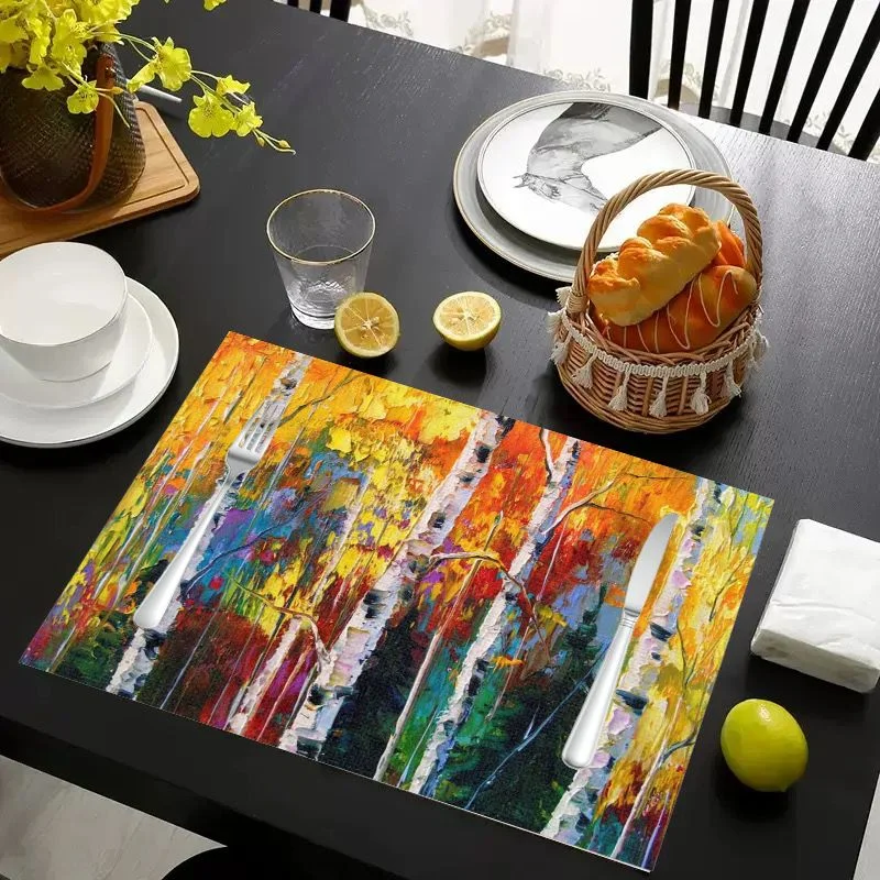 VIKAMA Placemat Oil Painting Birch Forest, Waterproof Oil-Proof Heat-Resistant Woven Dining Table Mat for Home