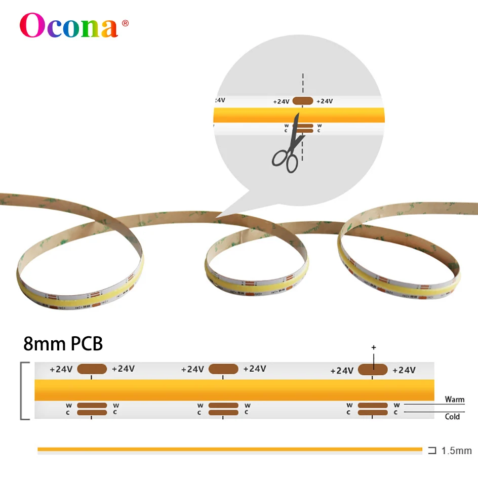 8mm Narrow PCB COB CCT LED Strip Lights Tunable White 2700+6500K Dual Color CSP Warm+Cool White Ribbon LED Tape Lighting DC 24V