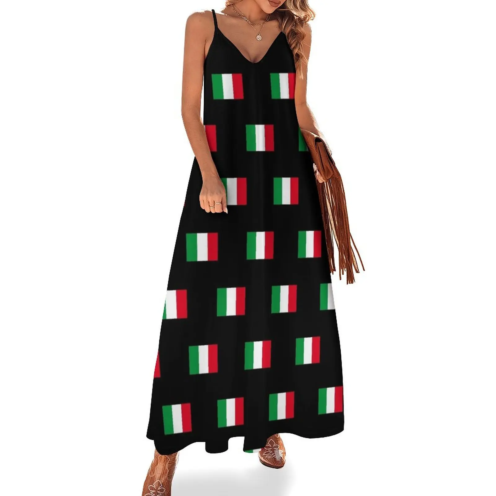 

Flag of Italy pattern, Bandiera di Italia, black bg Sleeveless Long Dress summer women's dress 2025 Casual dresses Dress