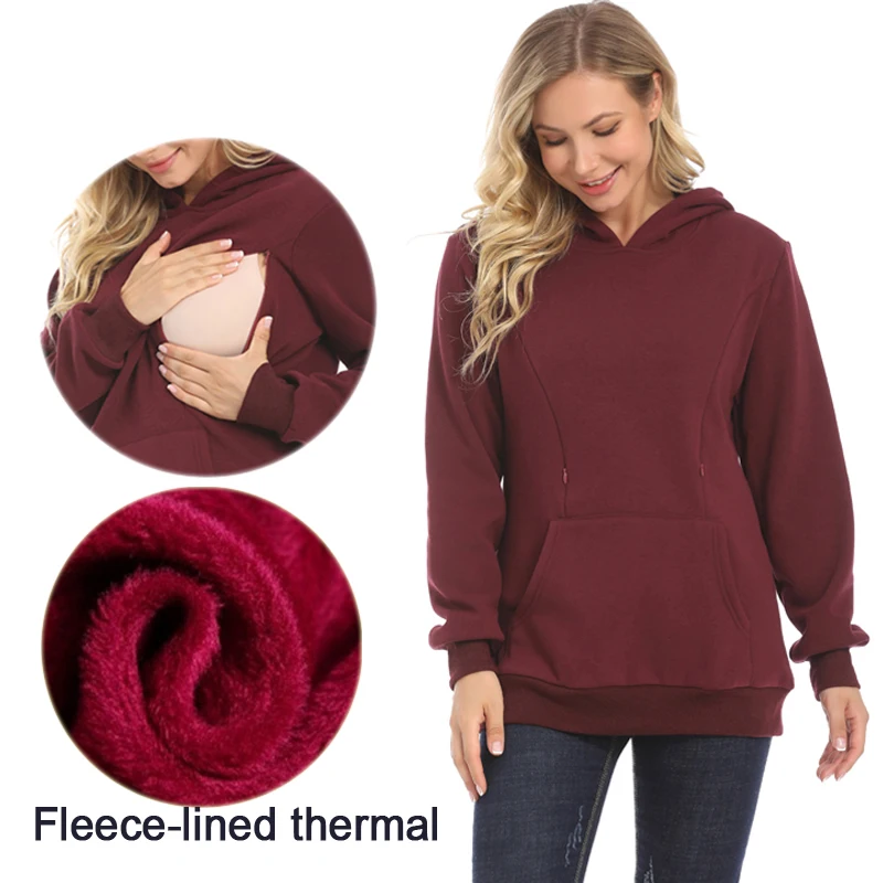 冬用マタニティフーディー授乳服暖かいフリース妊娠セータージッパー付き授乳用産後ナーシングフーディー