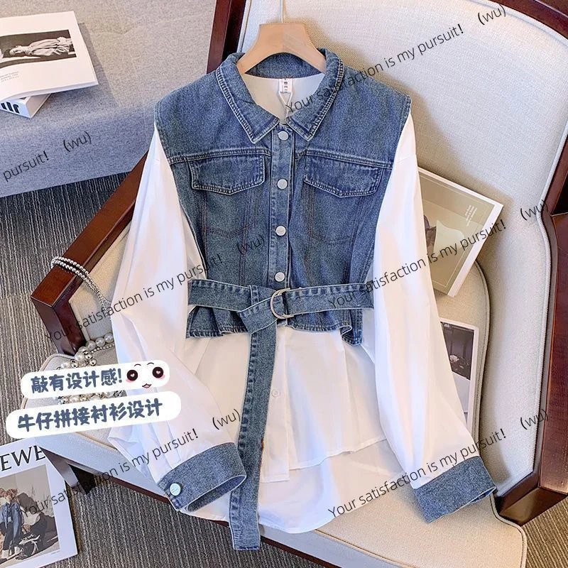 

Women's denim shirt spring and summer long-sleeved splicing women's top fake two-piece fashion loose denim top
