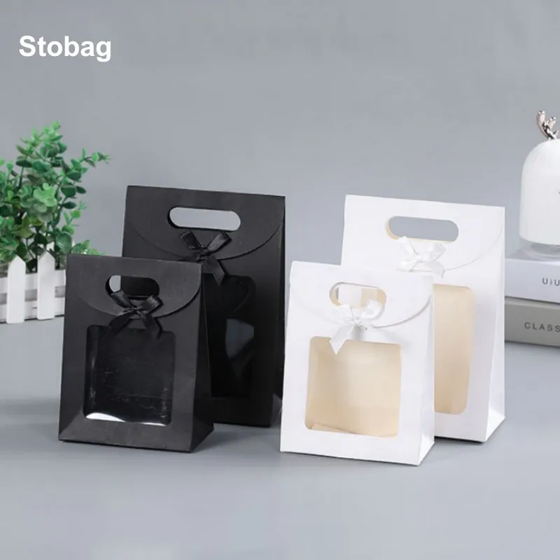 

StoBag 12pcs Kraft Paper Gift Packaging Bag Window Tote Candy Cookies Cake Handmade Present Baking Favors Party Birthday Holiday