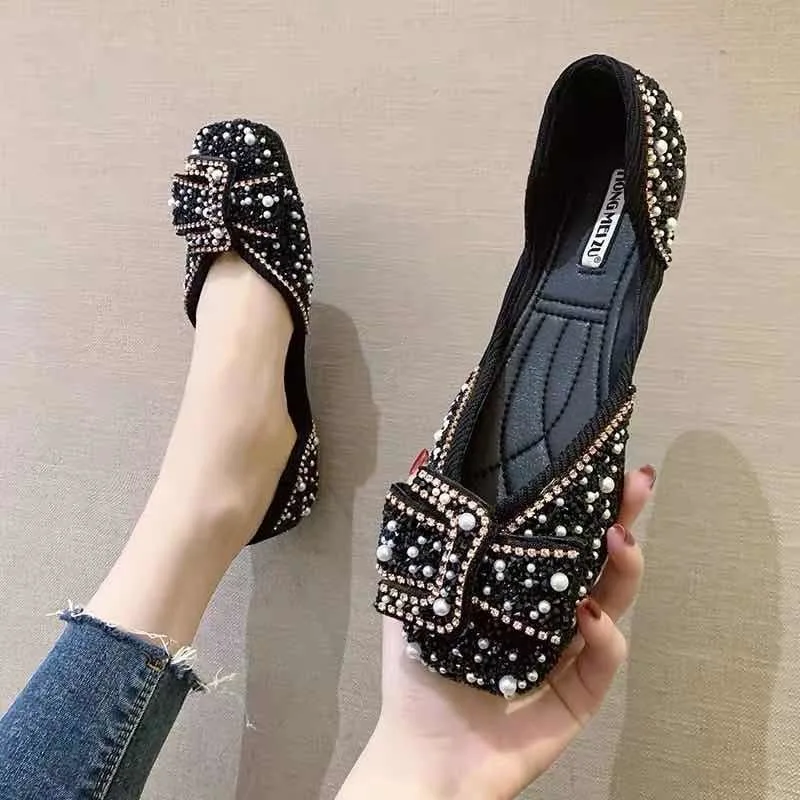 Women 2024Spring Pearl Shoe Water Diamond Mary Jane Shoes Shallow Mouth Square Head Single Shoe Flat Bottom Elegance Casual Shoe