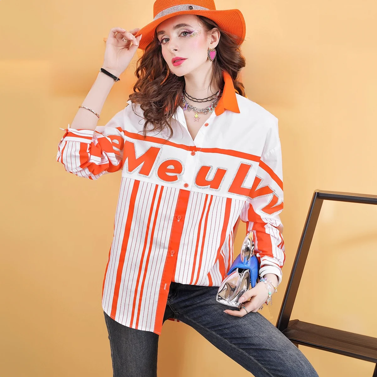 

Mid -long women's casual shirt stripe stitching loose long sleeve niche blouse top for women