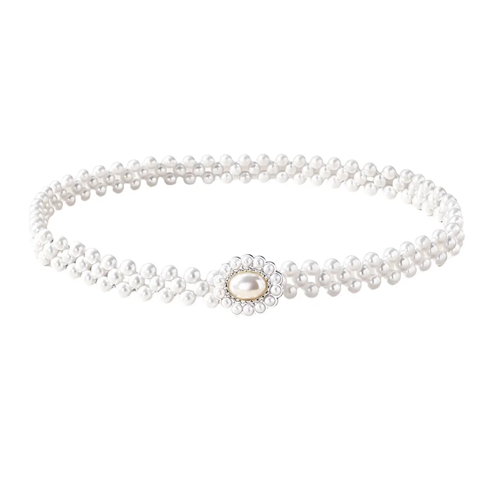 Pearl Beads Pearl Waist Chain Thin Narrow Style Rhinestone Inlaid Beaded Slim Belt Pearl Strung Design Stretch Elastic Band