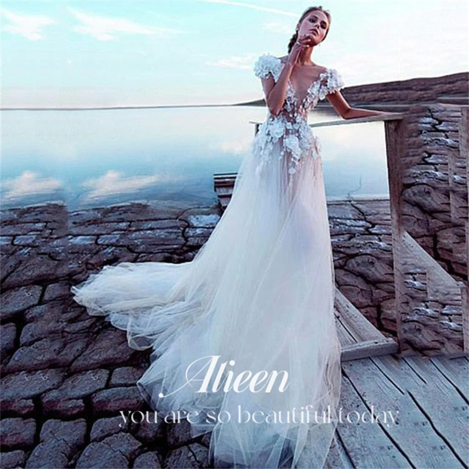 Aileen Abito da sposa a coda lunga bianco avorio Abiti da laurea in pizzo 3D per occasioni speciali Festa serale Gala donna elegante