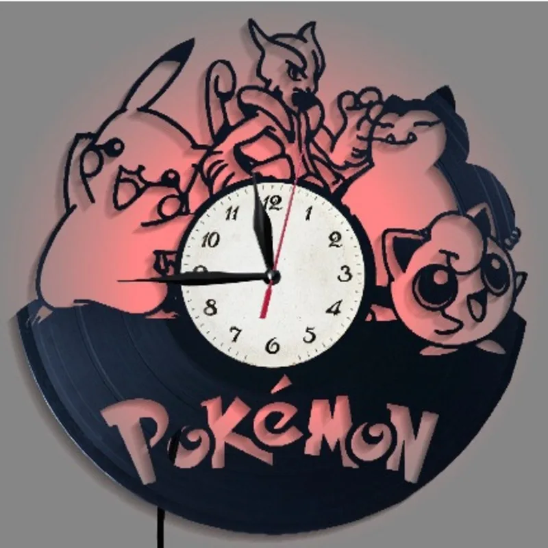 Imagem -03 - Pokémon Anime Relógio de Parede Pikachu Snorlax Mewtwo Jigglypuff Vinil Preto Relógios de Parede Desenhos Animados Criativos Decoração de Casa 30cm