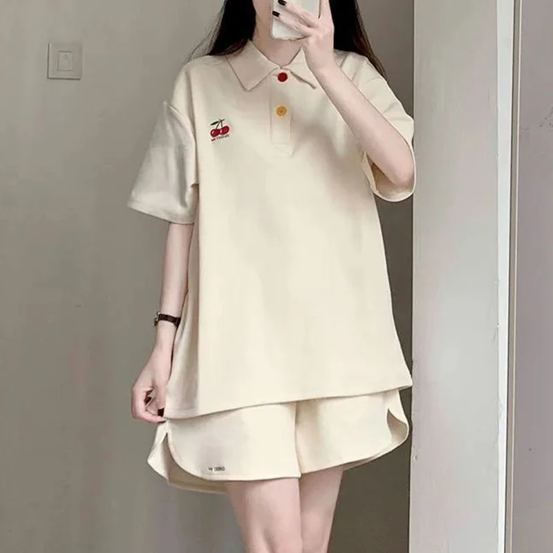 Summer new Japanese style loose polo_neck short sleeves T-shirt+wide leg shorts Youth Campus Style two pieces set for women