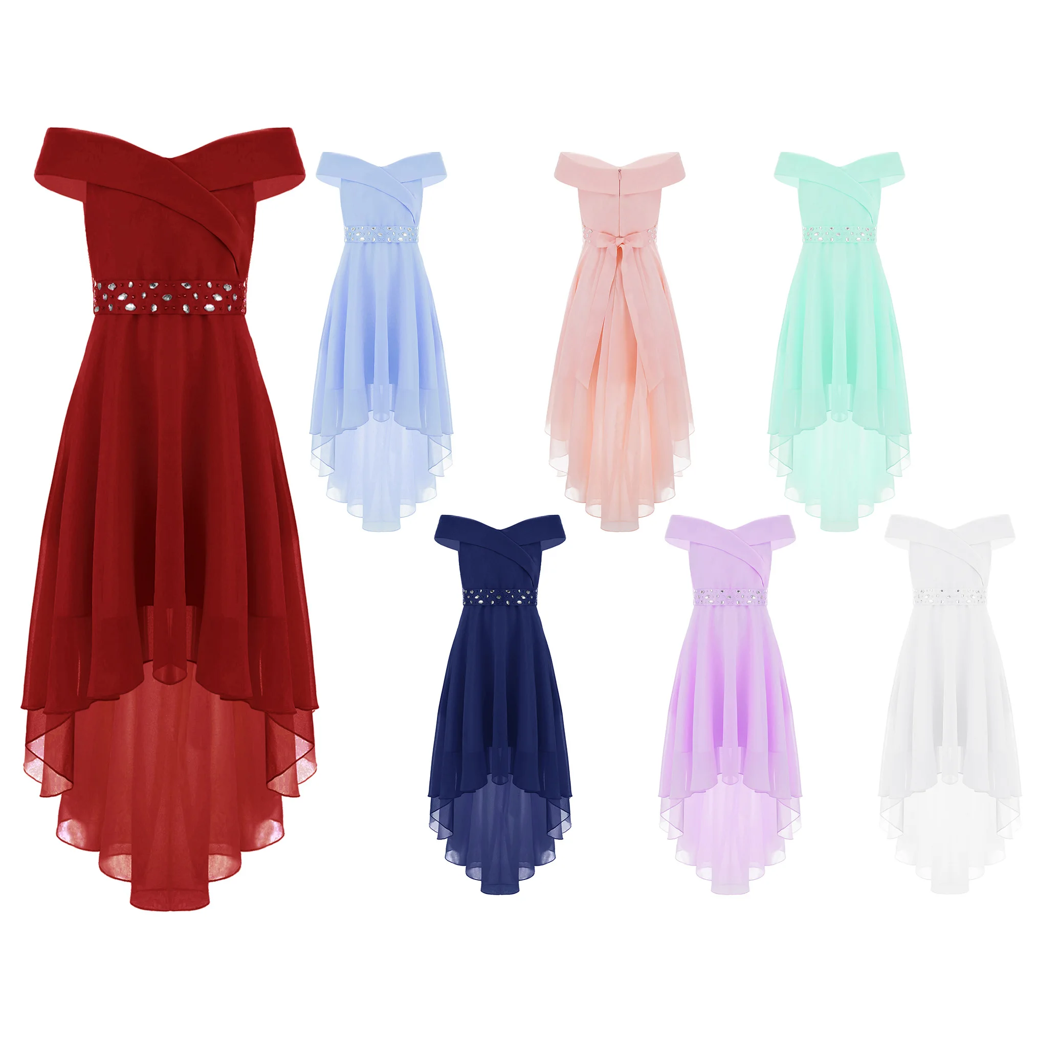 Kids Girls Elegant Solid Color Chiffon Dress with Shiny Rhinestone Sash Sweetheart Off Shoulder High-Low Hem Party Dress