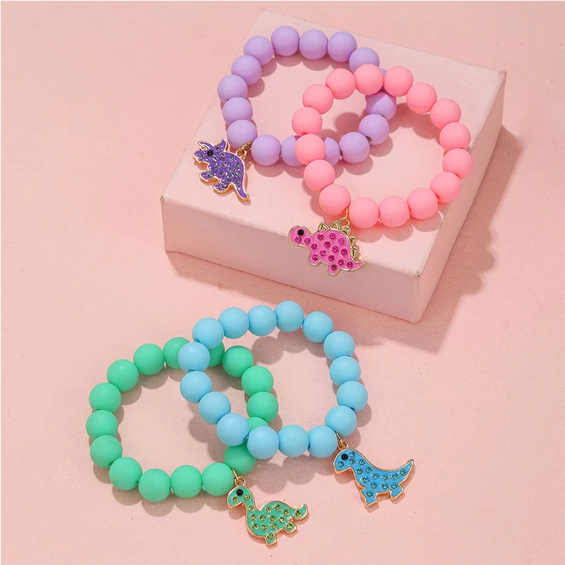 4Pack Cute Cartoon Dinosaur Charm Handmade Elastic Bracelets for Girls Jewelry Gift