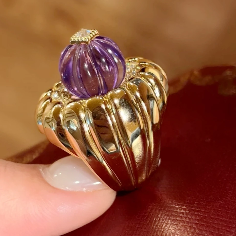 KQDANCE Real 925 Sterling Silver Vintage Natural Amethyst Fruit Pumpkin Shaped Gemstone Ring For Women