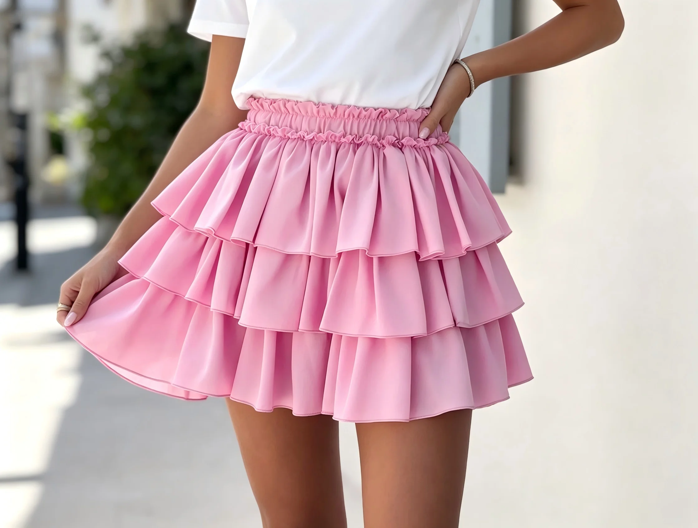 Women Pink Tiered Cake Skirt, High‑Waist Slim Sweet Dopamine Ruffle Mini Skirt Y2K Millennium Hot‑Girl Midi Skirt