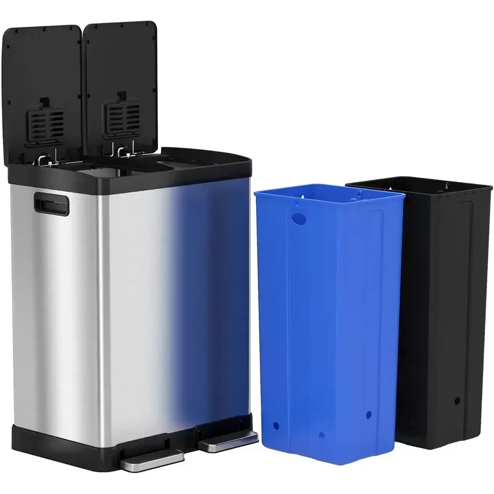 16-Gallon Dual Waste and Recycling Bin with Odor Filters, 2 x 8-Gallon Inner Buckets, Stainless Steel, Airtight Lid, Soft Close