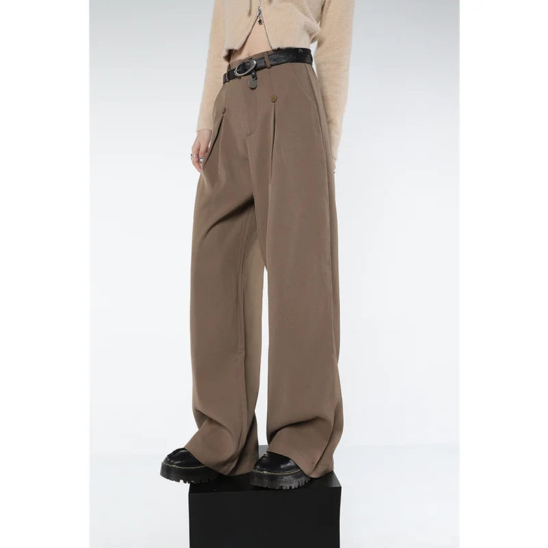 Khaki Womans Pants High Waist  Vintage Advanced Sense Straight Trouser 2023 American Style Chic Design Baggy Wide Leg Suit Pants