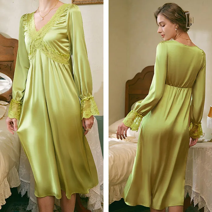 V-Neck Nightgown Women Satin Long Sleeve Sleepwear Nightdress Palace Retro Style Kimono Dressing Gown Elegant Loungewear