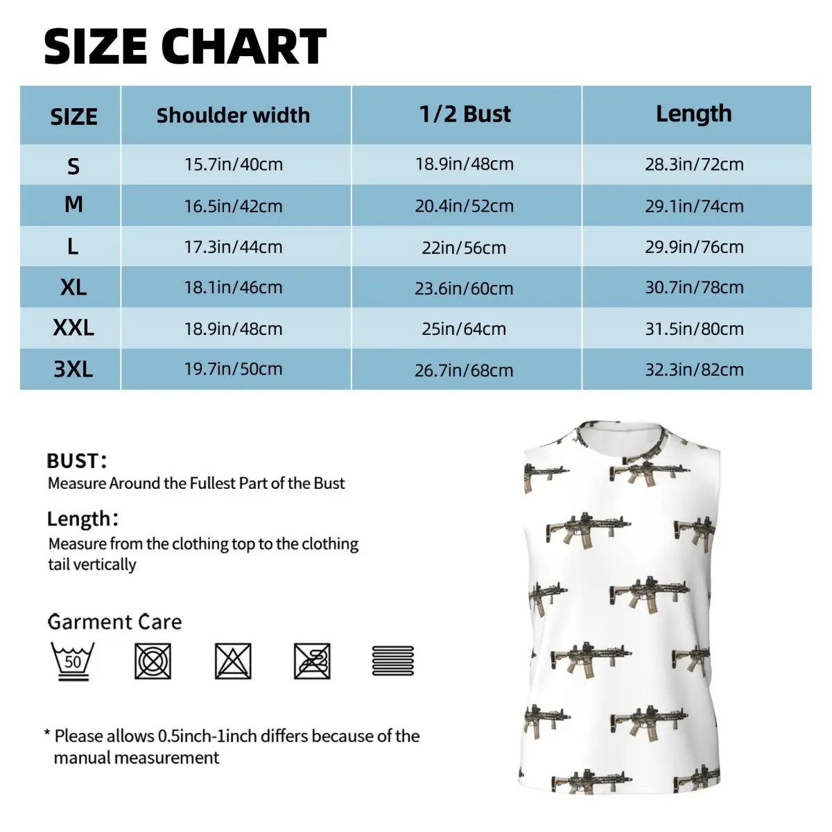 AR-15 Tan Camo Gun - White Men Printed Sleeveless T-shirt Casual Hip Hop Street Style Beach Holiday Tank Tops