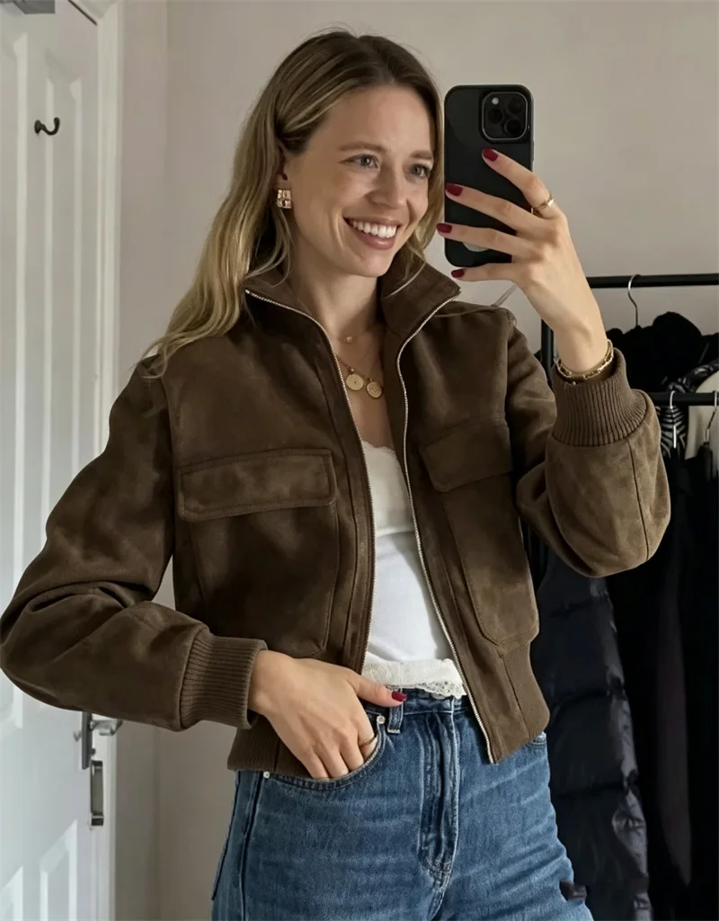 Guobioziy Women's Jacket 2026 Fall/Winter New Fashion Retro Stand Collar Suede Texture Pocket Detail Pilot Jacket