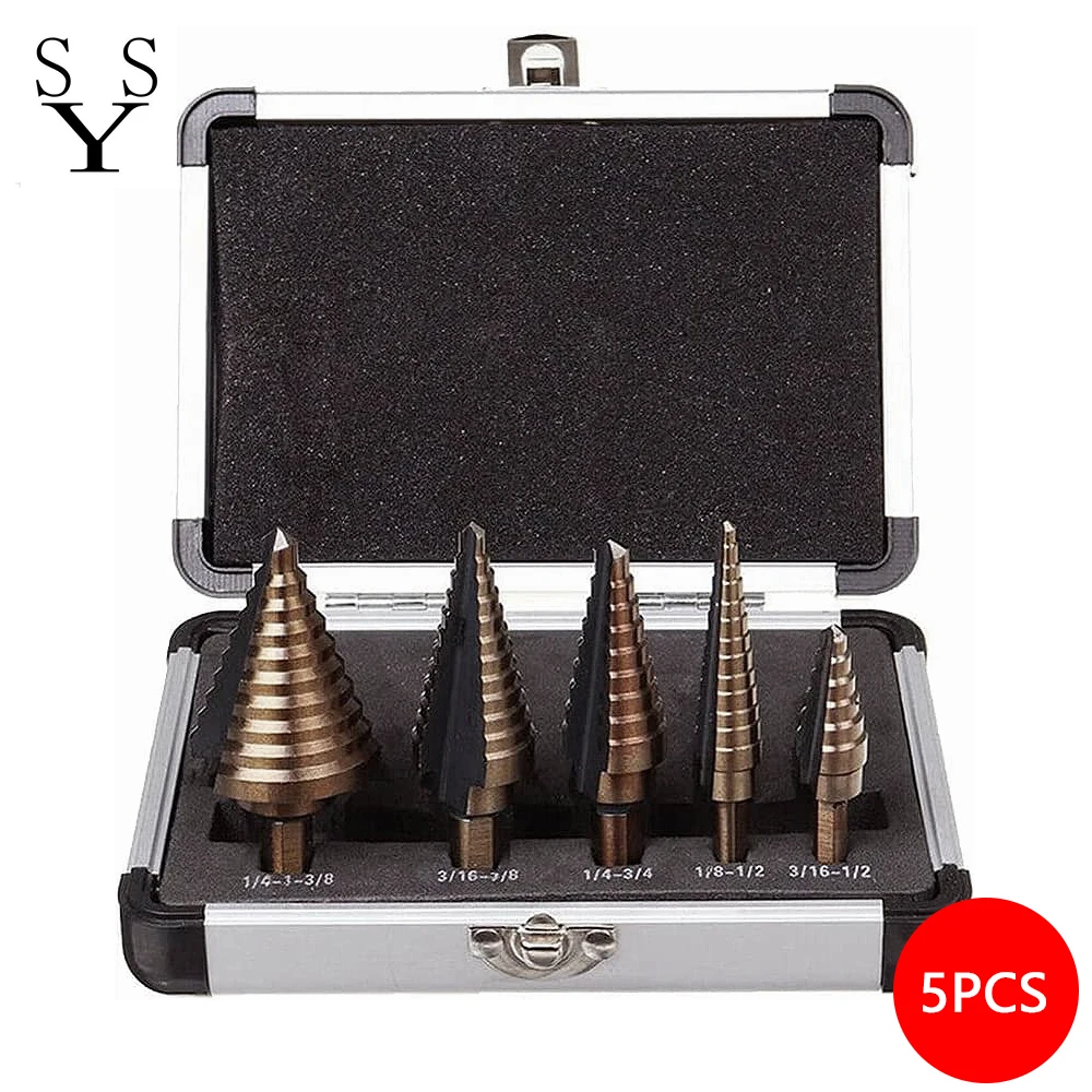 

5Pcs HSS Titanium Step Drill Bit Set stepped Straight Groove Cobalt Multiple Hole cone Metal Hole Saw Cutter Hex Tools