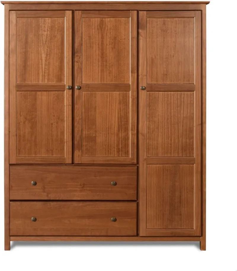 Shaker 3-Door Wardrobe Solid Wood with a Walnut Finish Drawers feature metal glides and replaceable metal knobs