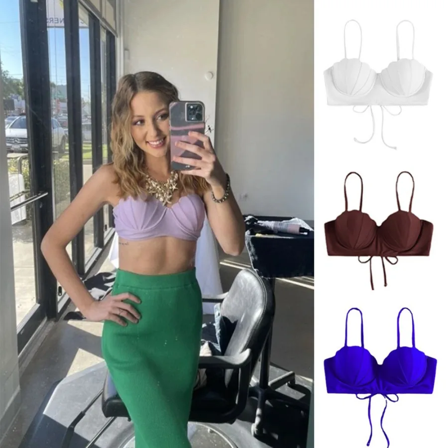 

【HOT】 bikini2026 new product pure color shell steel support chest cushion swimsuit European and American sexy bikini swimsuit