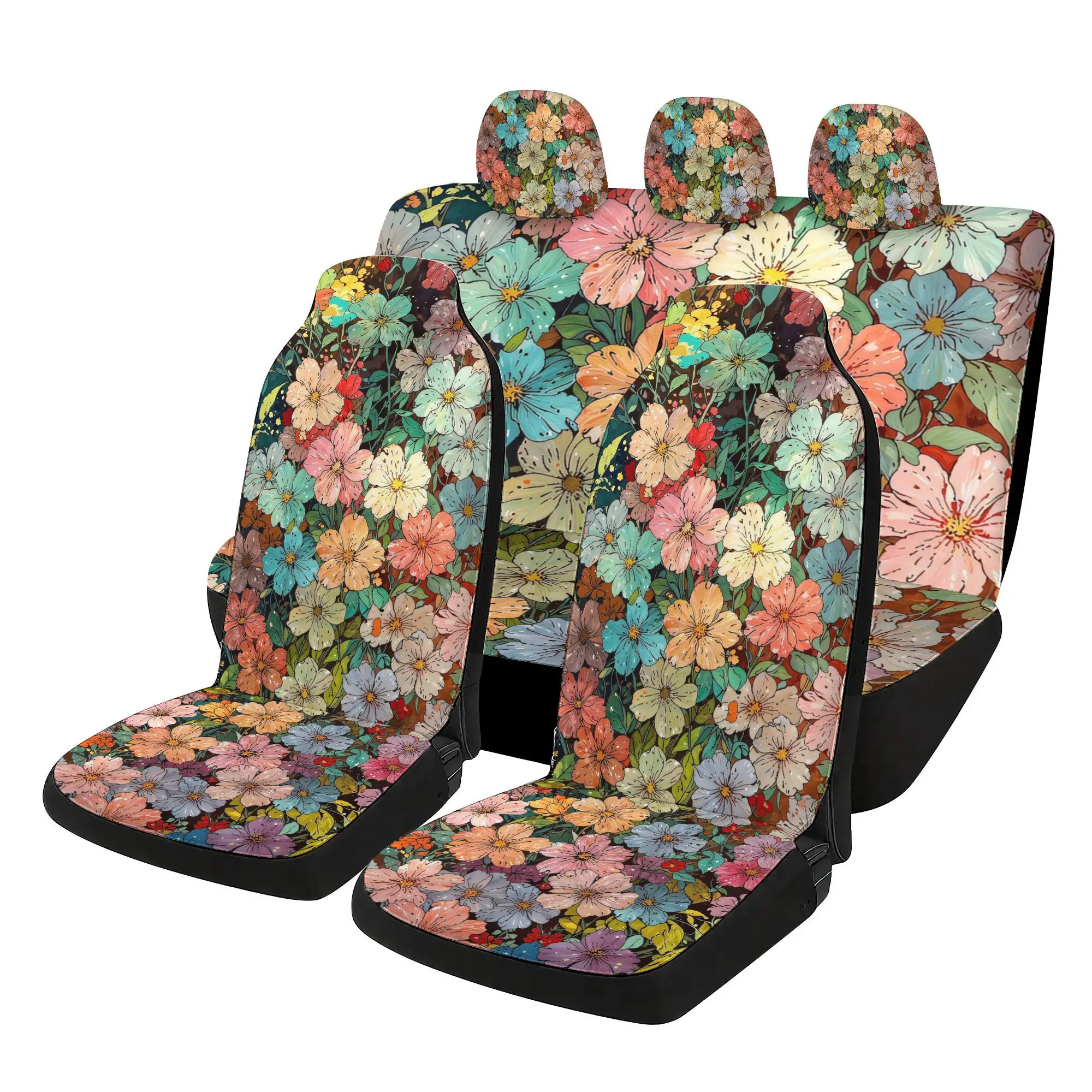 Set Of 7 Car Seat Covers Featuring A Floral Design, Which Includes 2 Front Seat Covers, 1 Rear Seat Back Cover, 1 Rear Seat Cove