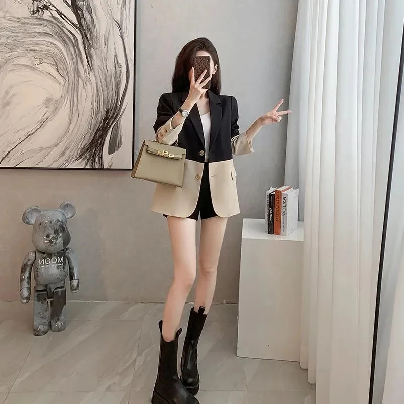 Women\'s Overcoat Fashion Design Sense Niche Contrast Stitching Suit Jacket Female Autumn 2026New Outerwear Casual Blazer Coat