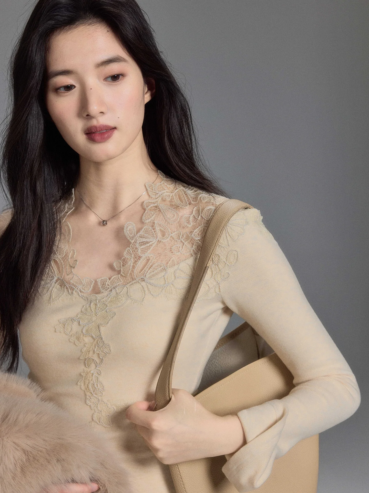 

Ele Lace V-ne Long Sve Knitted Top And Skirt Set Women's Slim Fit Layering Clothing Soft Polyester Blend