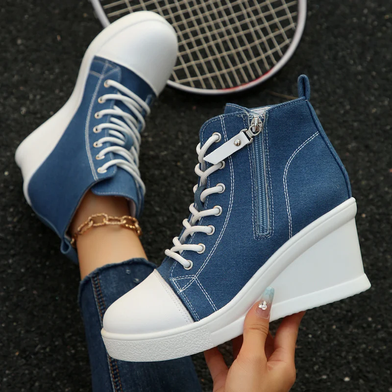 

Large Size Wedge High-Top Canvas Shoes for Women Summer New Fashion Versatile Thick-Soled Height-Increasing Casual Sneakers
