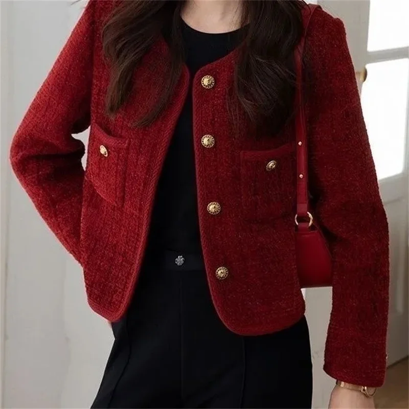 Outerwears Women\'s Jacket  Women\'s Jackets New Burgundy Coat Women\'s Spring and Autumn Temperament Joker Socialite Tweed Coat