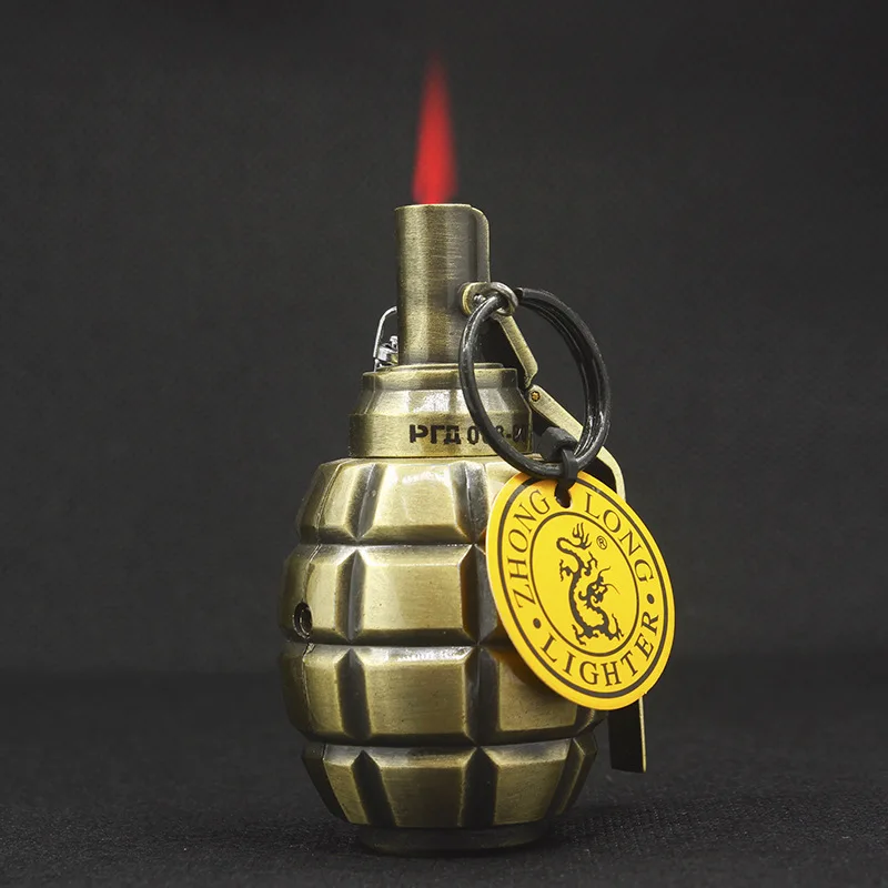 New Hand Grenade-Shaped Windproof Red Flame Lighter Metal Gas Cigar Lighters, Men'S Smoking Accessory Creative Gifts