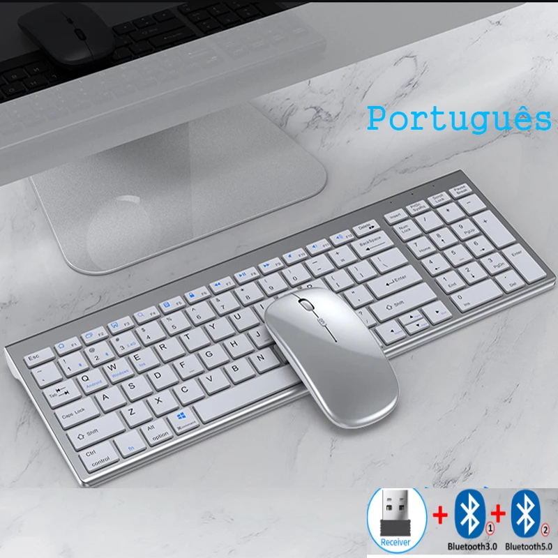 Ultra-fino Teclado e Mouse Conjunto Sem Fio Portugal / Inglês USB 2.4G + Bluetooth Teclado e Mouse Pente Conjunto Recarregável Prata