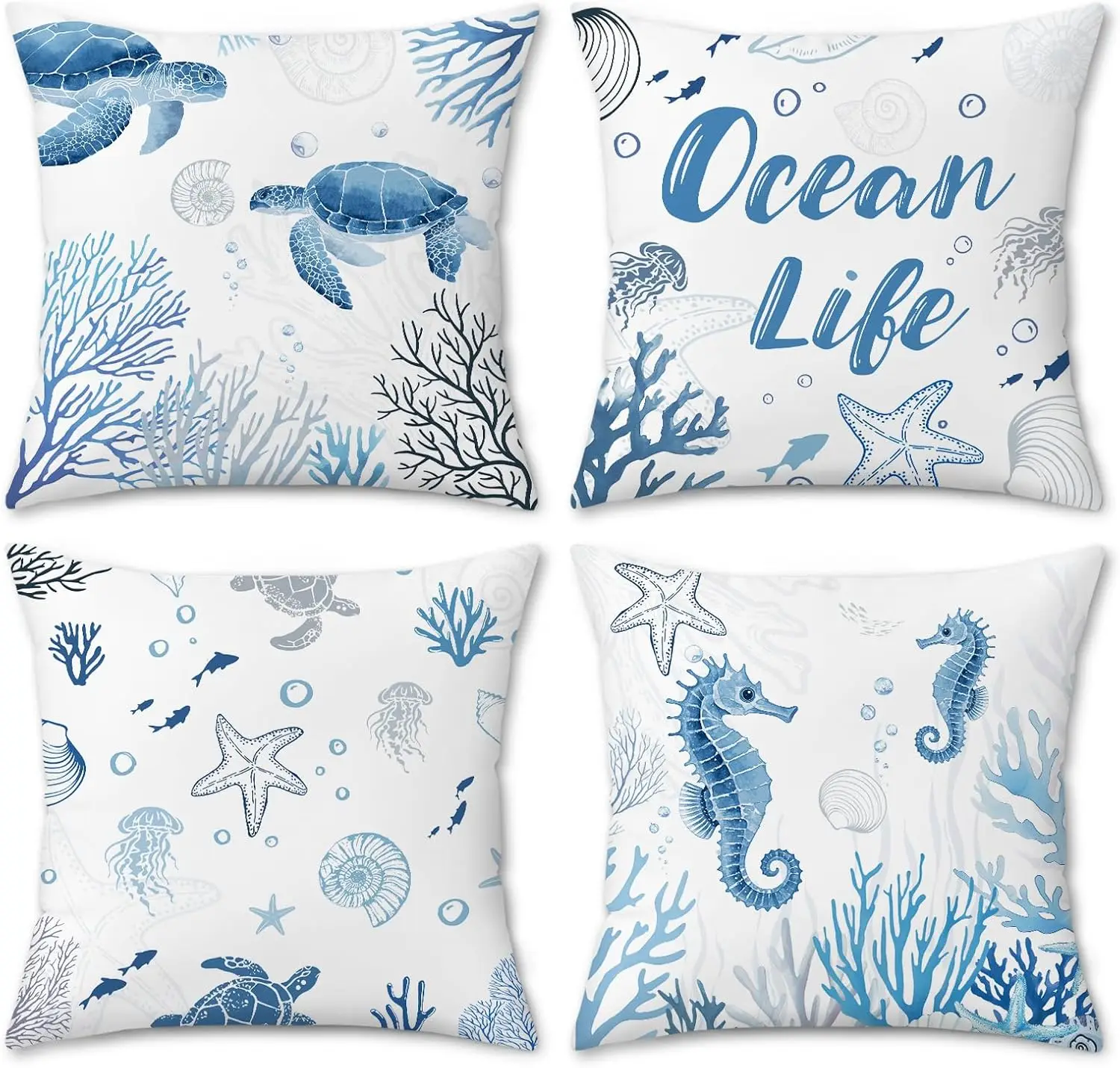 4pcs Blue Ocean Life Turtle Seahorse Starfish Coral Printed Pillow Cover Polyester Cushion Case 2D Flat Printing Pillowcase Now