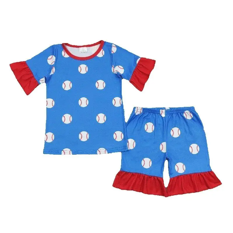 

New products wholesale kids summer shorts clothes toddler baby blue baseball shorts set girls toddler ruffle outfit