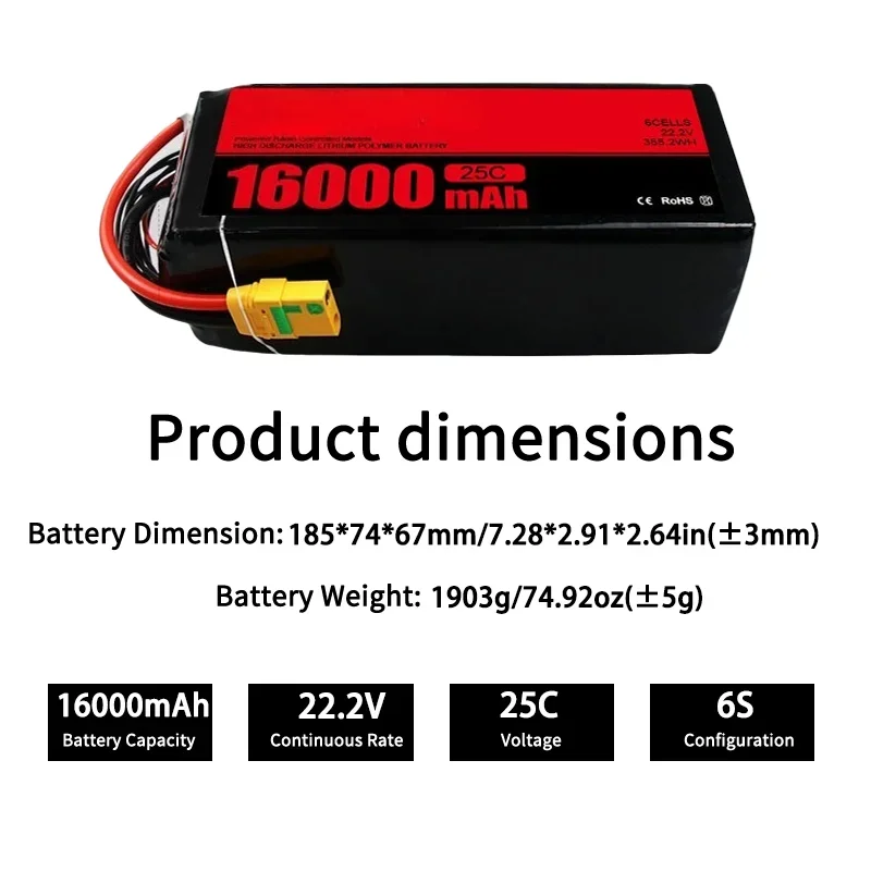 High Capacity 6S 22.2V 16000mAh 25C Replacement LiPo Battery for RC Airplane Helicopter FPV Drone Quadcopter Model Parts