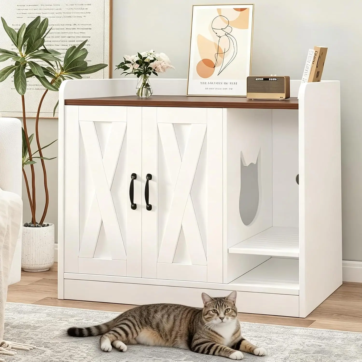 Cat Litter Box Enclosure,Hidden Litter Box Furniture with Divider,Indoor Cat House,Wooden Cat Washroom Storage Cabinet Bench