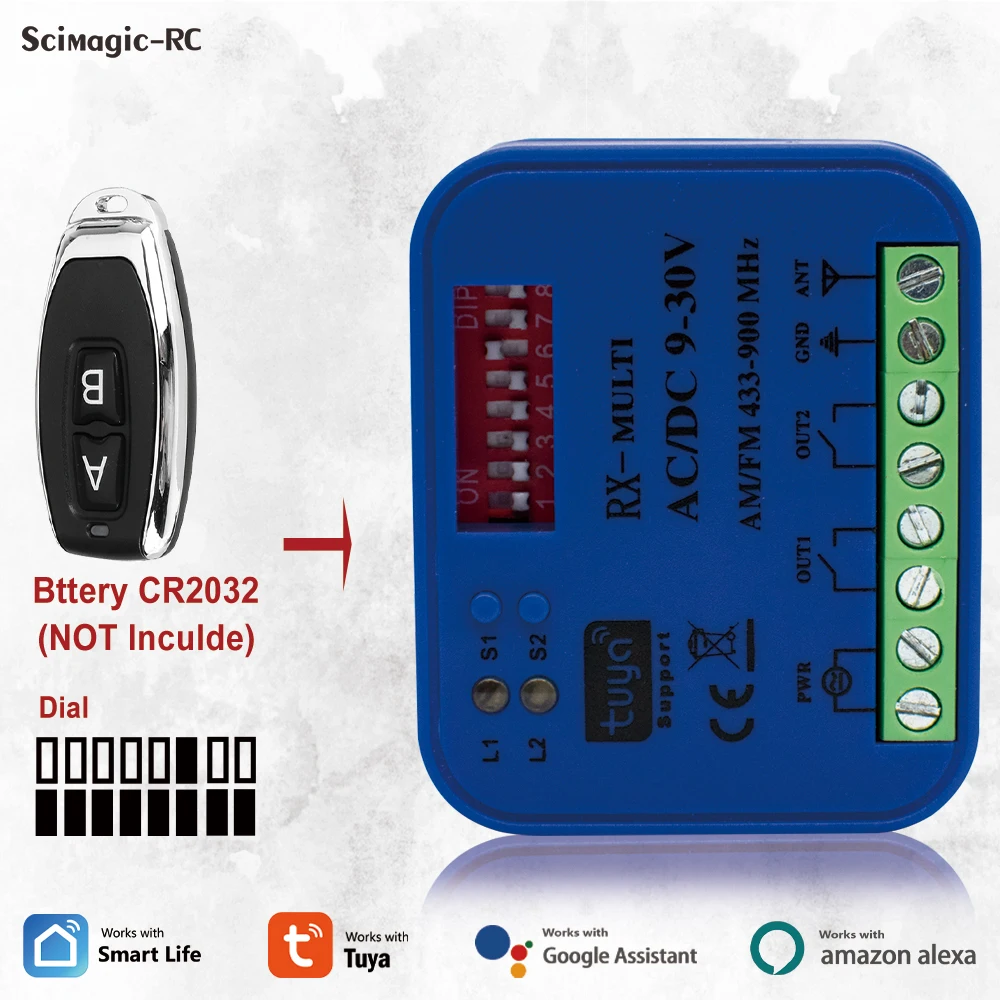 Tuya 2 Channel WIFI Smart Garage Door Opener Universal RX-Multi 300-900MHz 2CH Relay Module Work With Smartlife APP